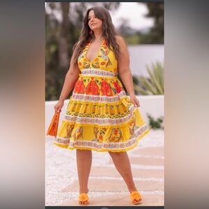 JessaKae Tropica Vibrant Floral Midi Dress in Yellow and Red